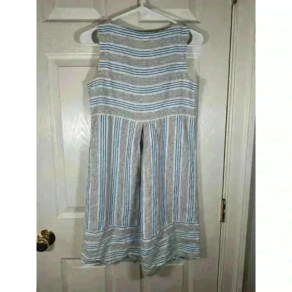 J Jill Love Linen Dress XSmall Petite Sleeveless Pockets Stripe White Blue ALine - Picture 2 of 12